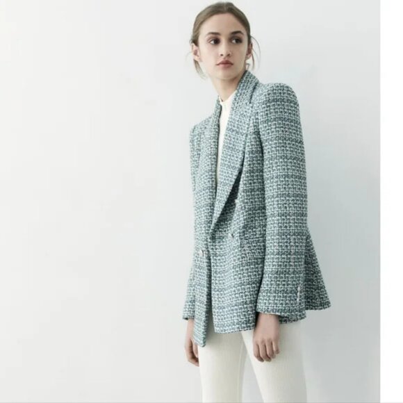 ZARA DOUBLE-BREASTED TEXTURED TWEED BLAZER TEAL GREEN.  SZ S - Picture 2 of 6